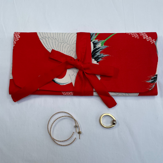 Red Crane Silk Jewellery Roll
