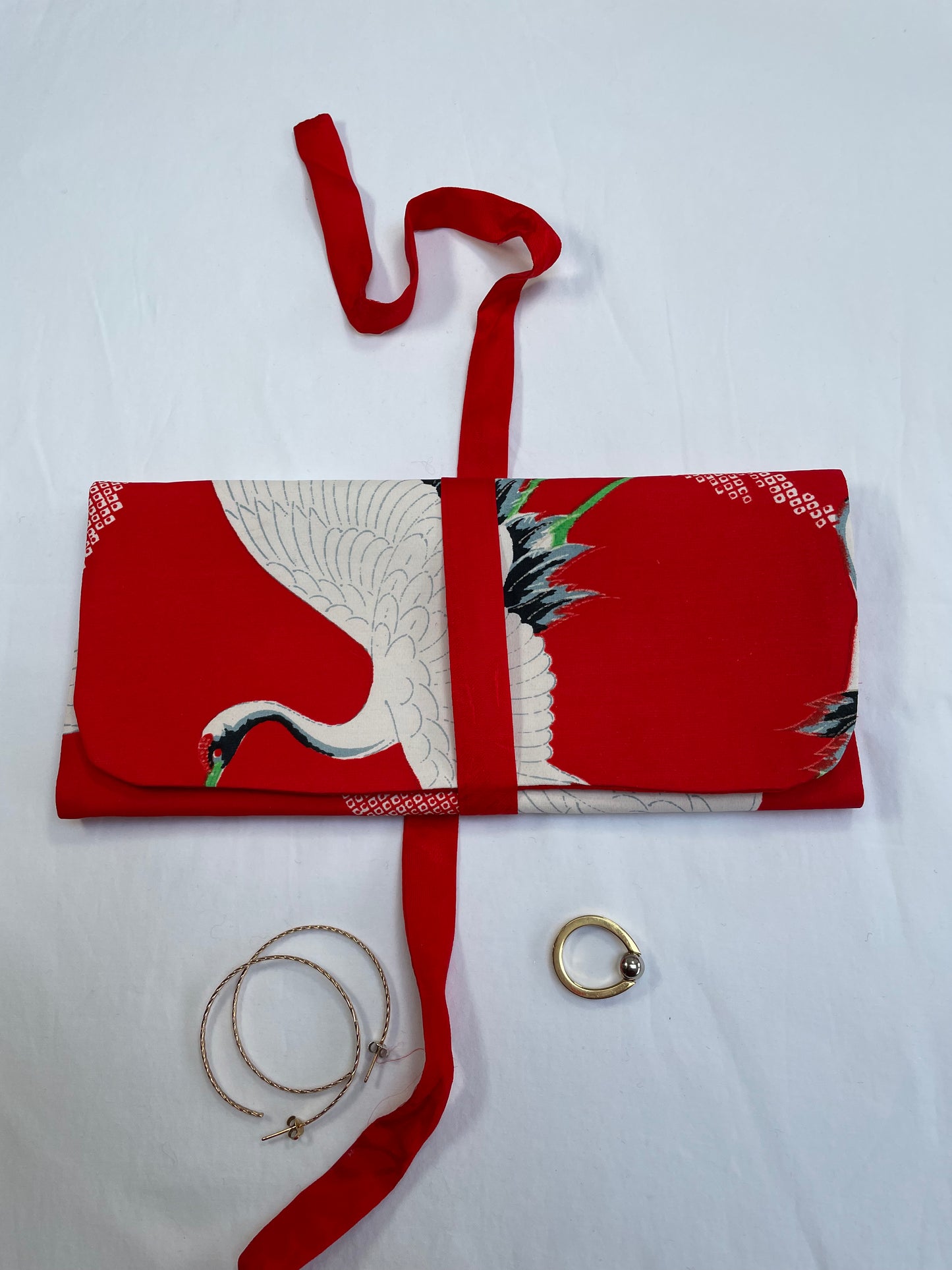 Red Crane Silk Jewellery Roll