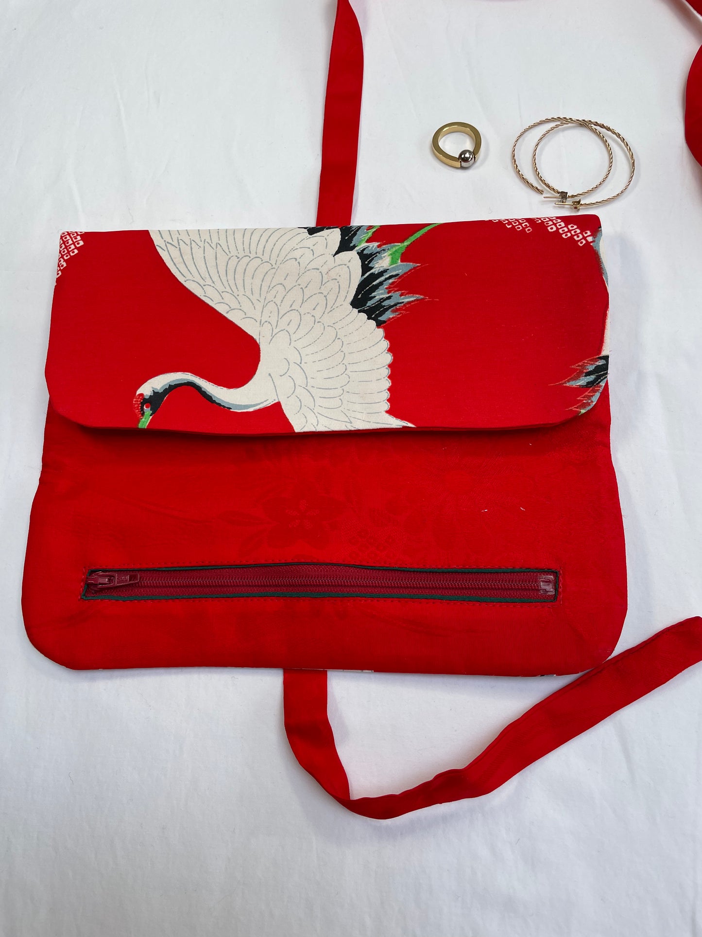 Red Crane Silk Jewellery Roll