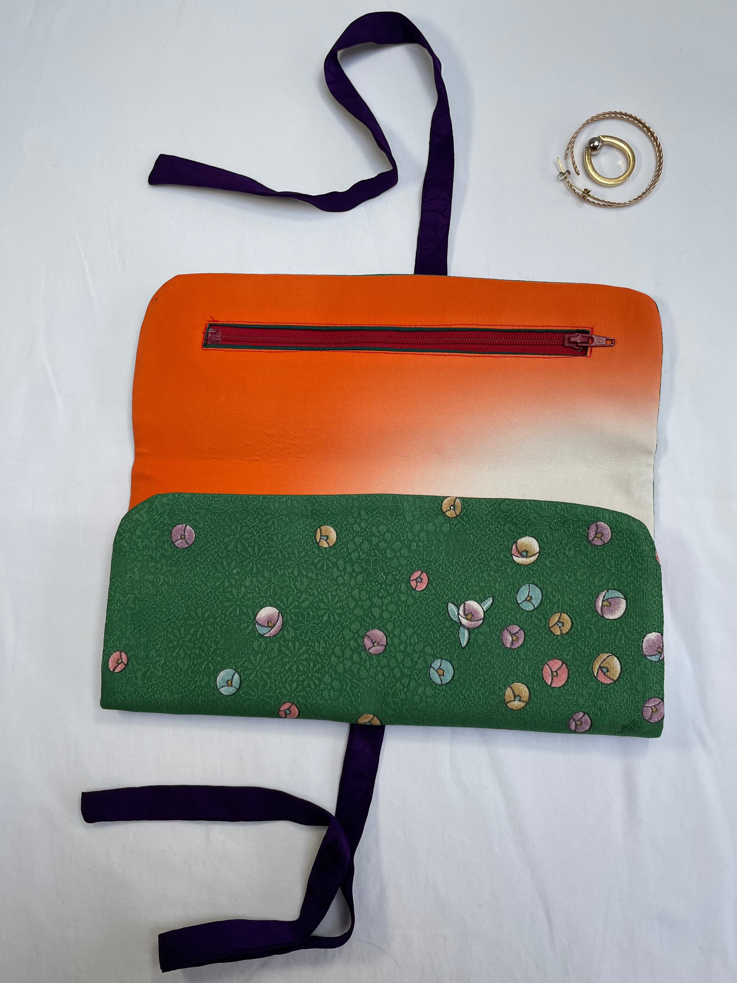 Green floral silk jewellery roll