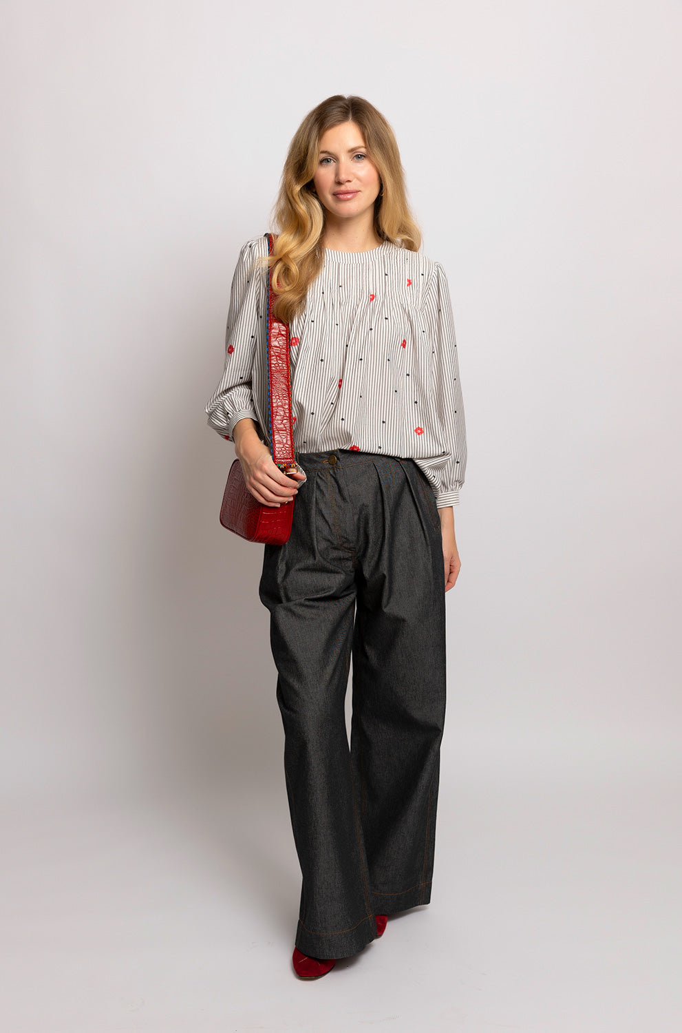 Anya Stripe Embroidered Cotton Shirt Blouse