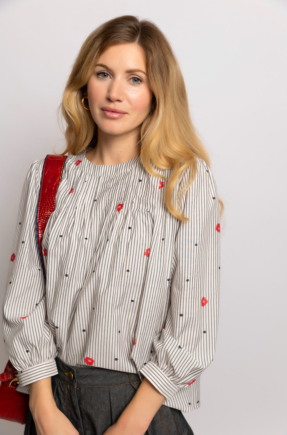 Anya Stripe Embroidered Cotton Shirt Blouse
