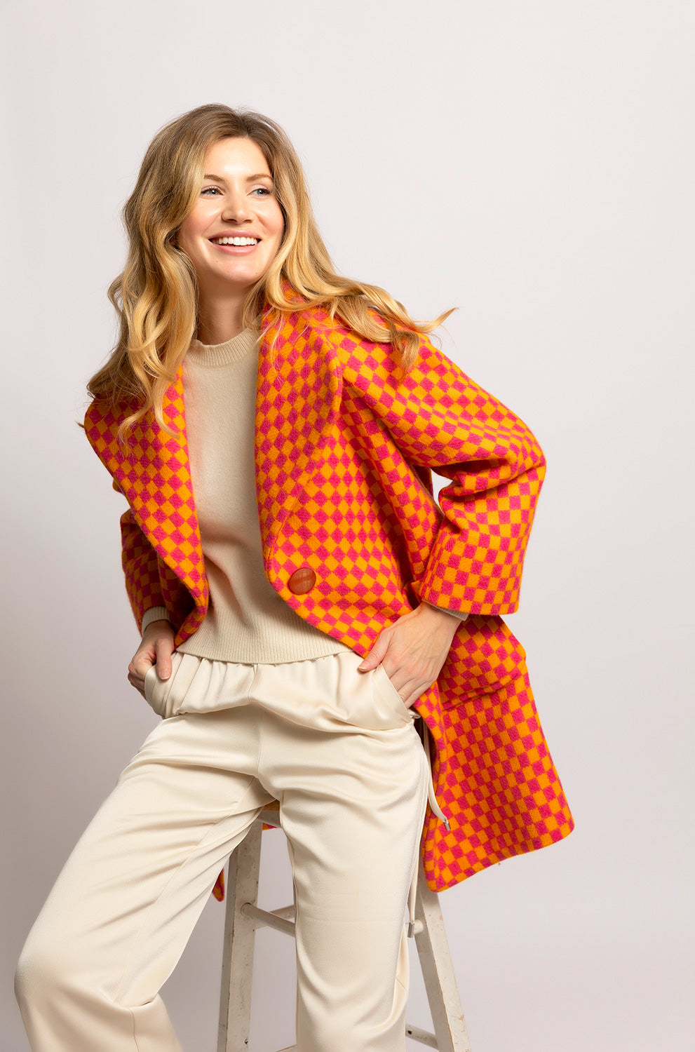 Orange Pink Check Solena Coat