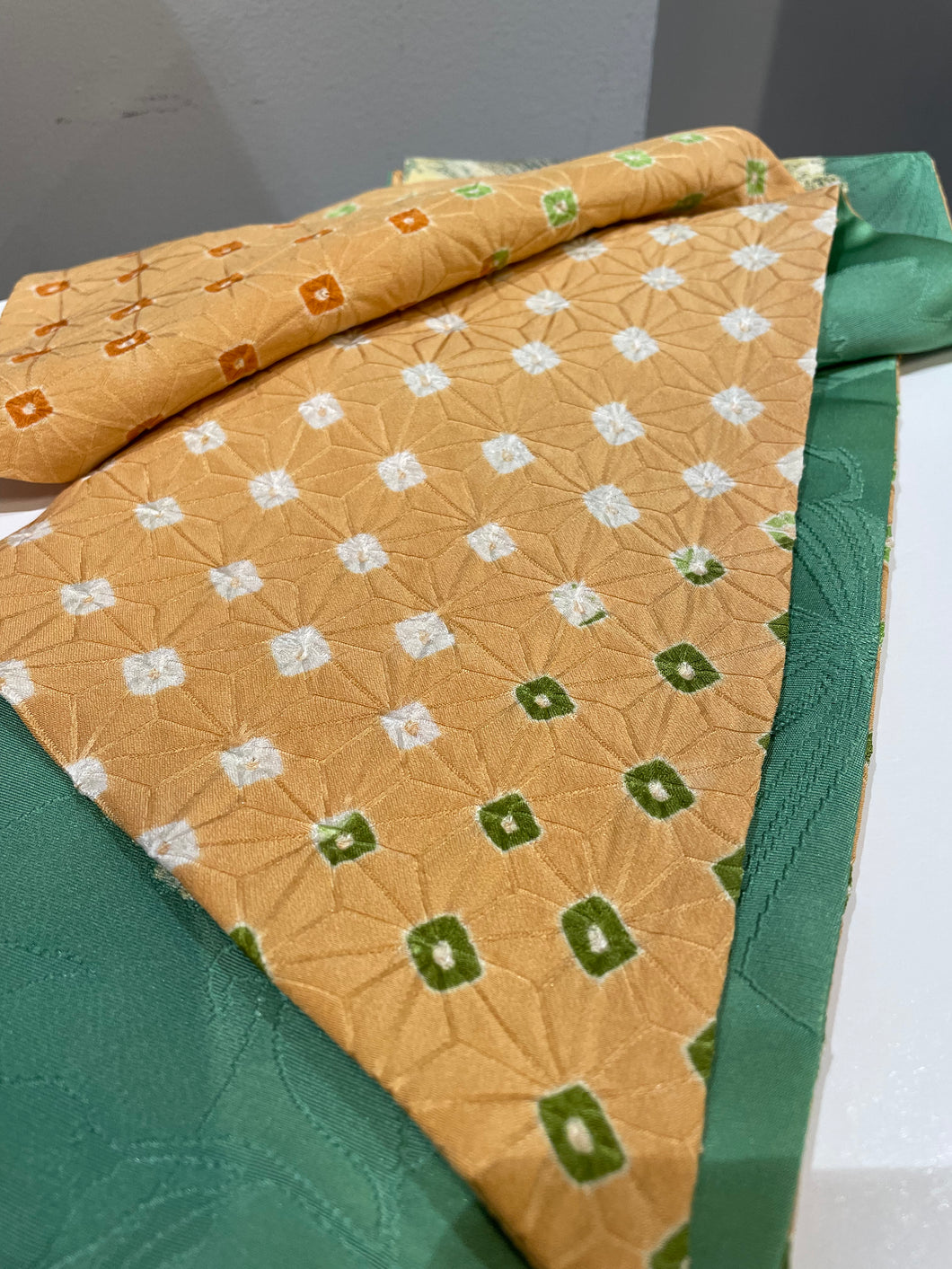 Japanese Kimono Silk Scarf - Green Pale Orange Floral Abstract