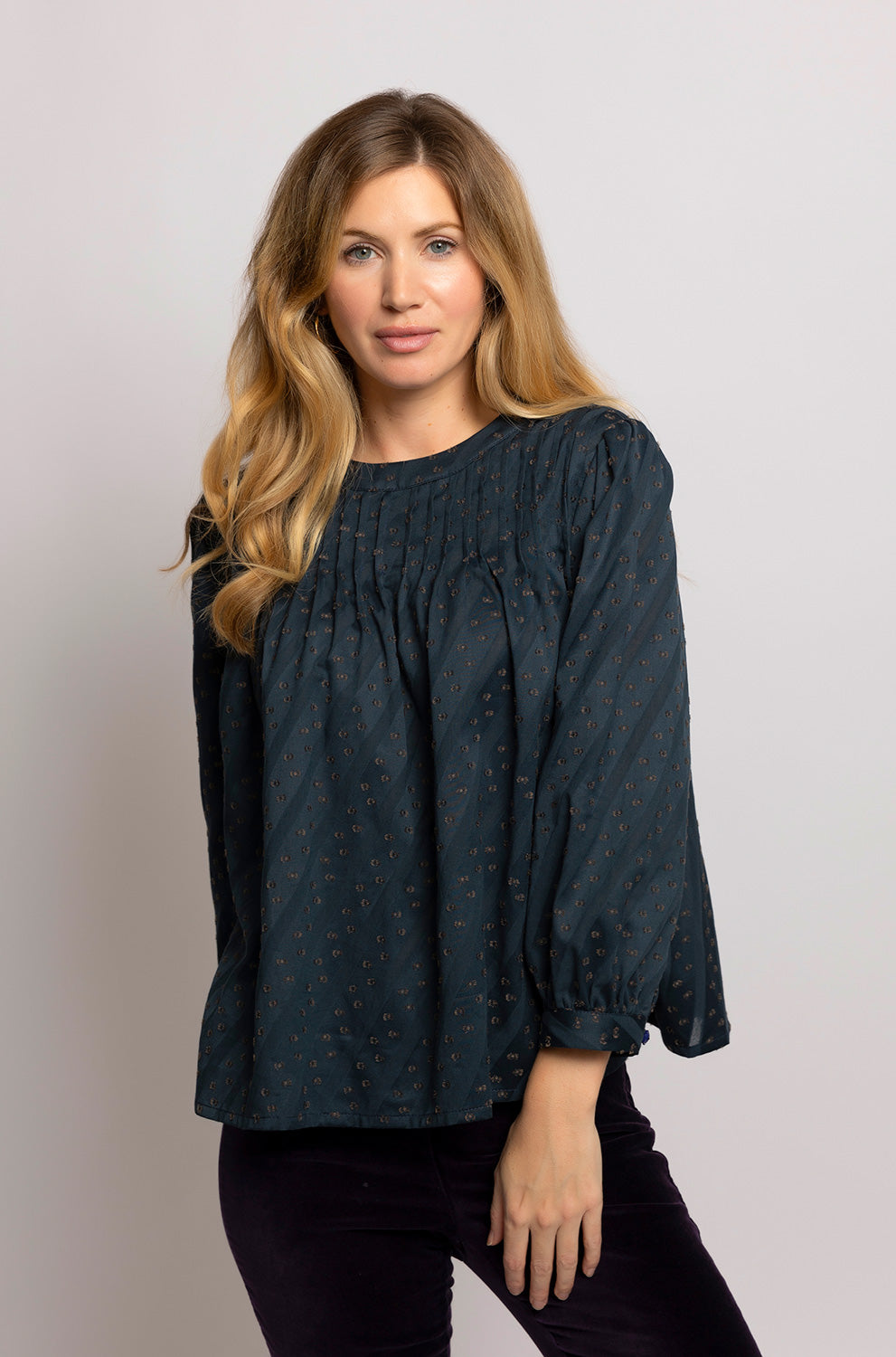 Anya Navy Beige Embroidered Shirt Blouse