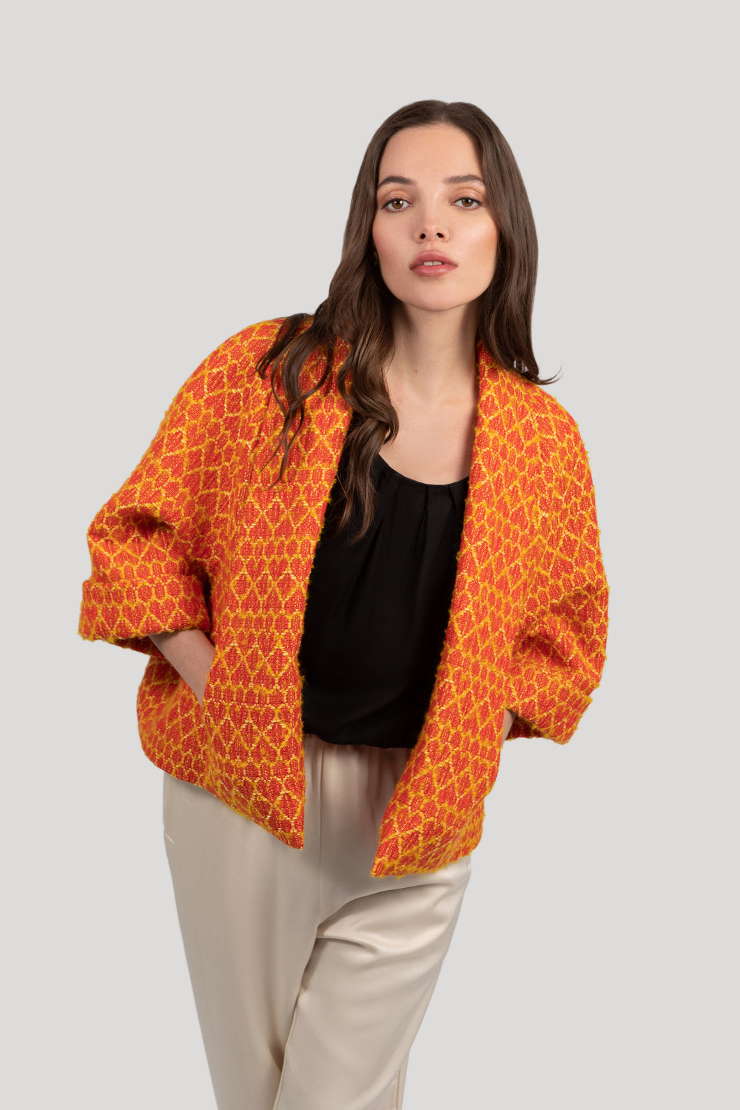 Estelle Cape Jacket - Red Orange Heart Pattern Tweed